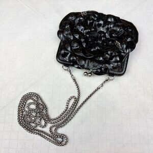 Brighton Rosalie Black Leather Flower Mini crossbody silver chain clutch Bag